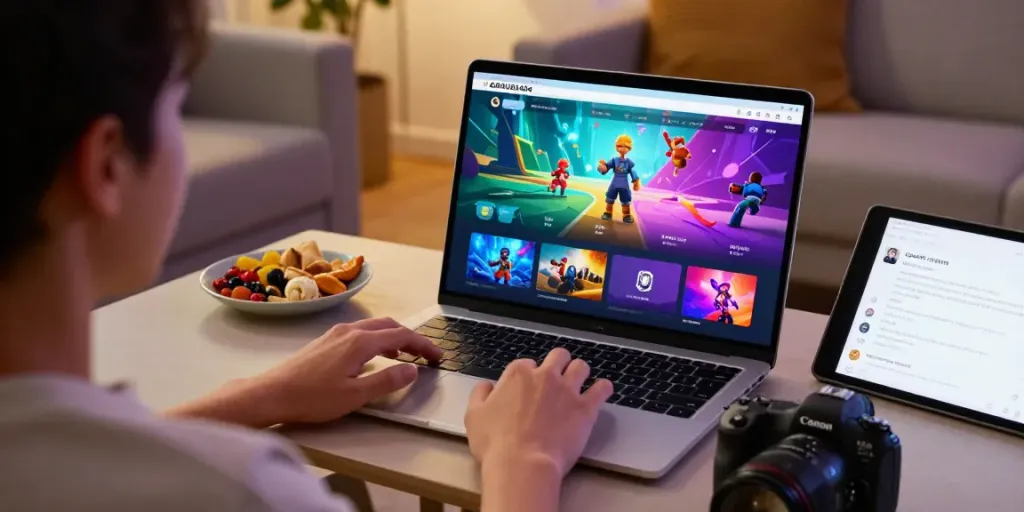 Engaging user enjoying GARUDA404 digital platform with vibrant game graphics.