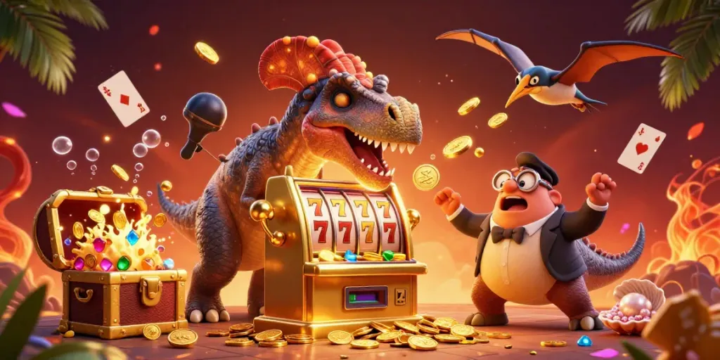 iwin slots action featuring a pachycephalosaurus winning jackpot coins from a golden slot machine.