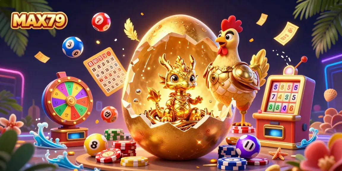 Experience the excitement of MAX79 with a vibrant scene featuring a golden dragon and colorful games of chance.