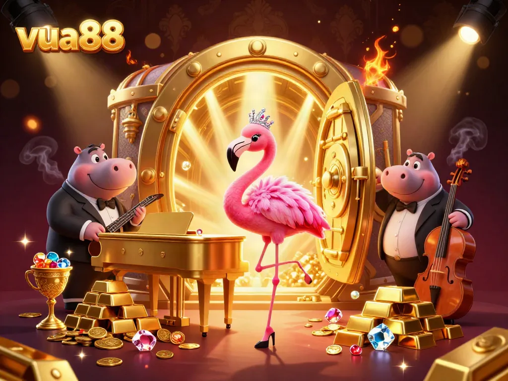 Experience the vibrant world of vua88 with an ultra-detailed casino illustration featuring glittering treasures and lively characters.