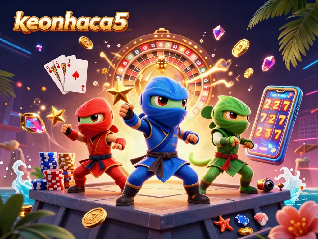 Experience keonhacai5 with a vibrant 3D illustration of ninja chameleons amidst dynamic casino elements.
