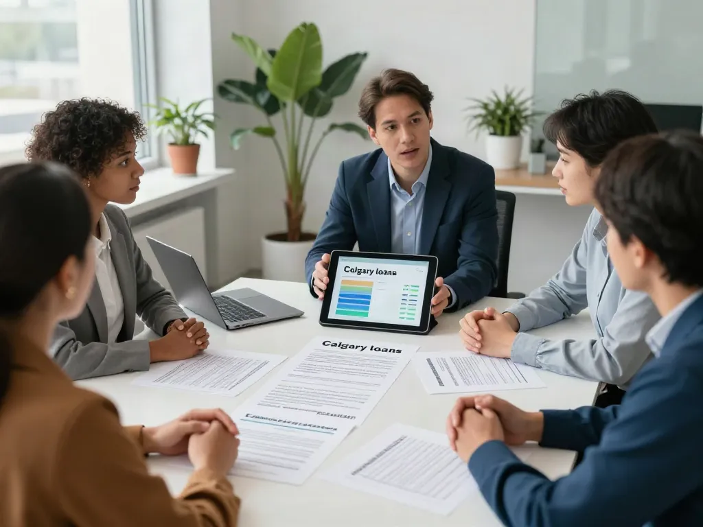 Financial advisor discussing Calgary loans with clients in a modern office