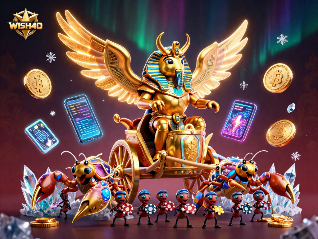 Engage with WISH4D through an exciting 3D casino scene filled with vibrant characters and crypto elements.