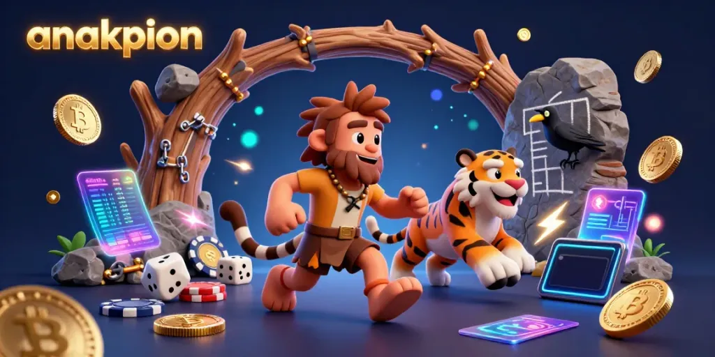 Experience exciting gaming at anakpion with a lively illustration of a caveman and sabertooth duo amidst glowing Bitcoin and Ethereum coins.