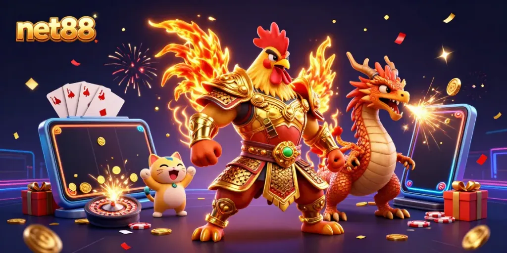 Engage with exciting gaming action at net88 featuring a samurai rooster, dragon, and vibrant casino elements!