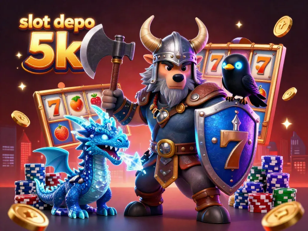 Experience exciting gameplay with slot depo 5k in a dynamic 3D cartoon illustration featuring mythical characters.