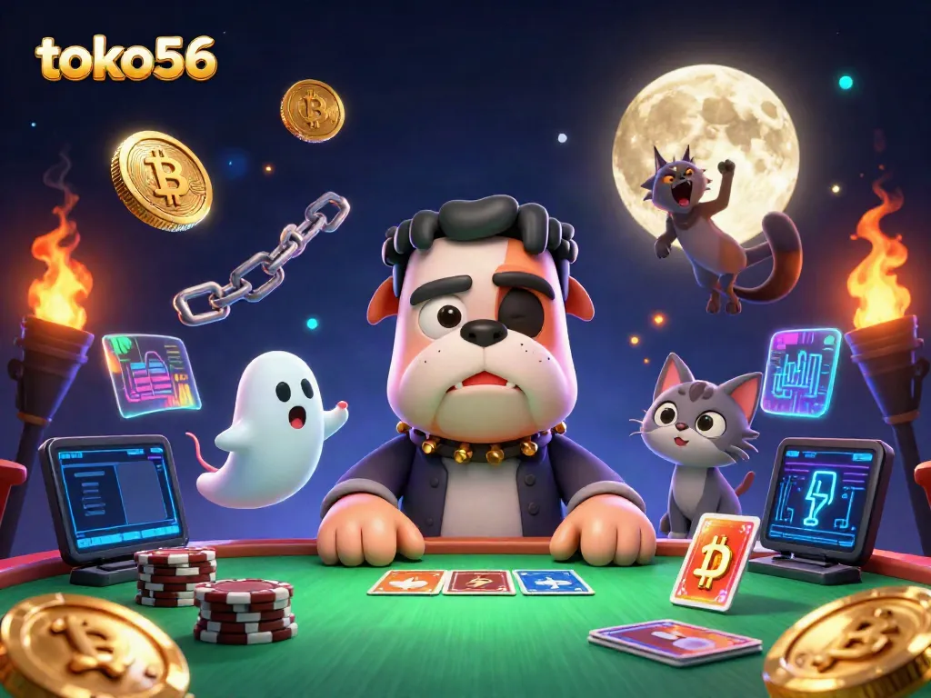 Experience thrilling moments at toko56 with a Frankenstein bulldog monster dealing cards amidst glowing cryptocurrencies.