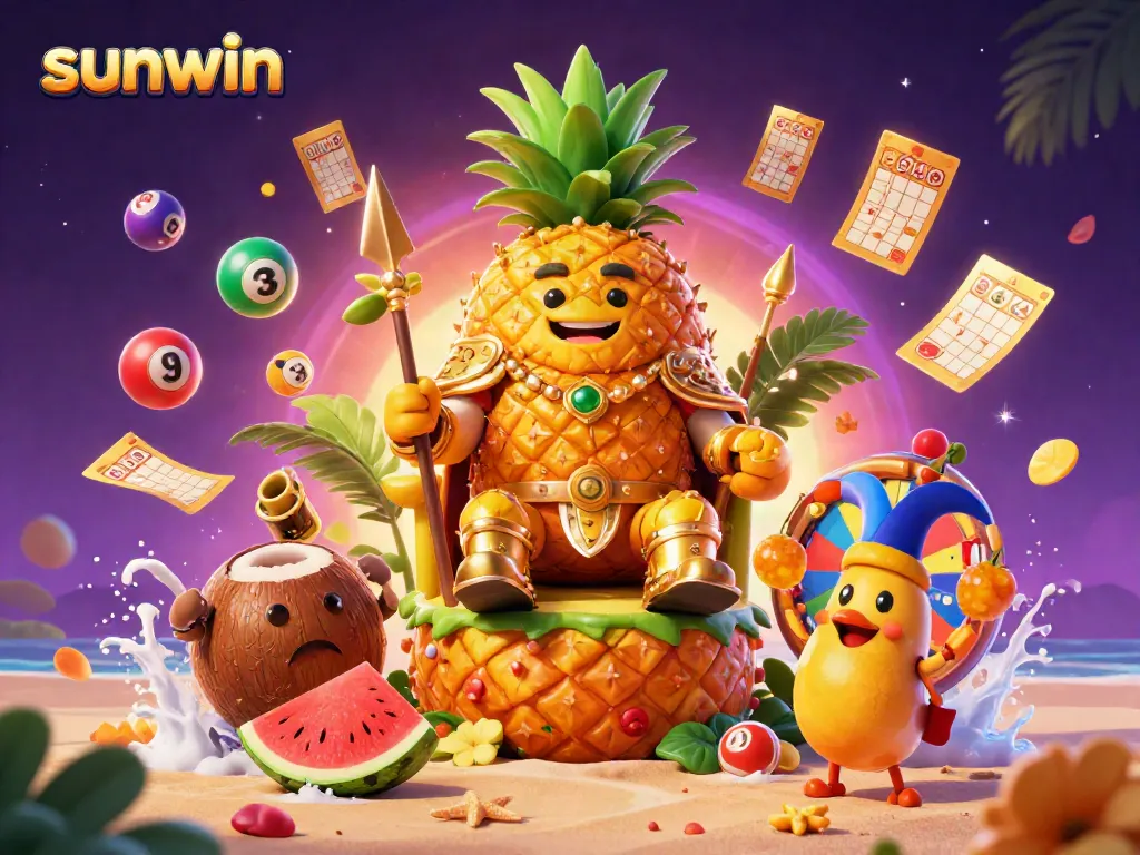 Experience winning thrills at sunwin with a golden pineapple king surrounded by colorful game elements in an engaging beach casino.