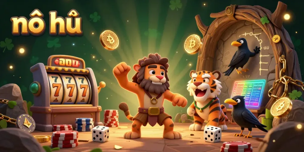 Engage in nổ hũ gaming excitement with vibrant visuals of cavemen and a sabertooth tiger enjoying their prehistoric casino.