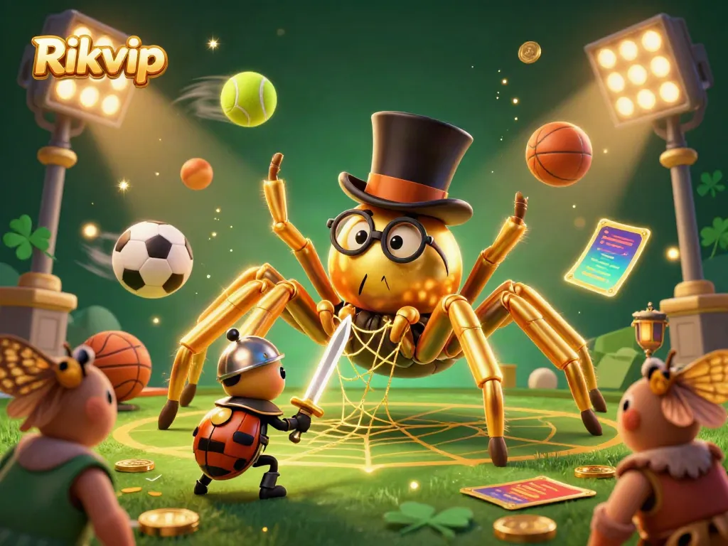Experience thrilling Rikvip gameplay with a giant cartoon tarantula and knight in a vibrant casino scene.