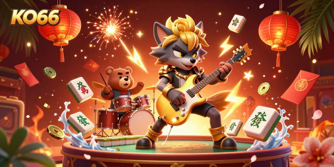 Engage with KO66's vibrant casino scene featuring a rock star wolf, energetic bear, and dynamic game elements.