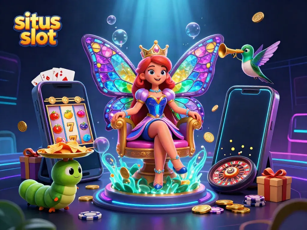Experience the magic of situs slot with a vibrant 3D scene featuring a butterfly queen and colorful slot game elements.