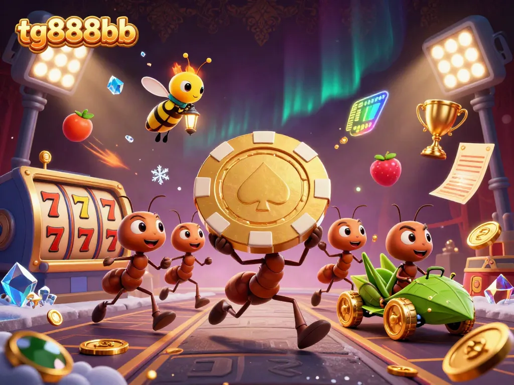 Engage in high-stakes action with tg888bb's exciting heist theme featuring animated ants and vivid casino elements.