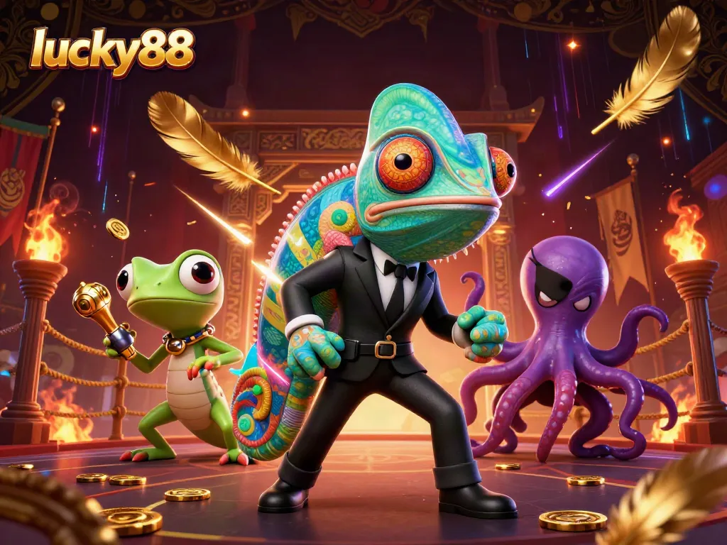 Engage with lucky88's vibrant casino scene featuring colorful characters and dynamic gaming elements.