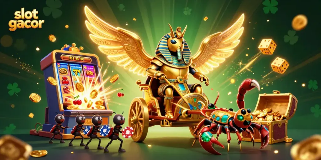 Experience the thrill of slot gacor with a vibrant 3D casino illustration featuring dynamic characters and elements.