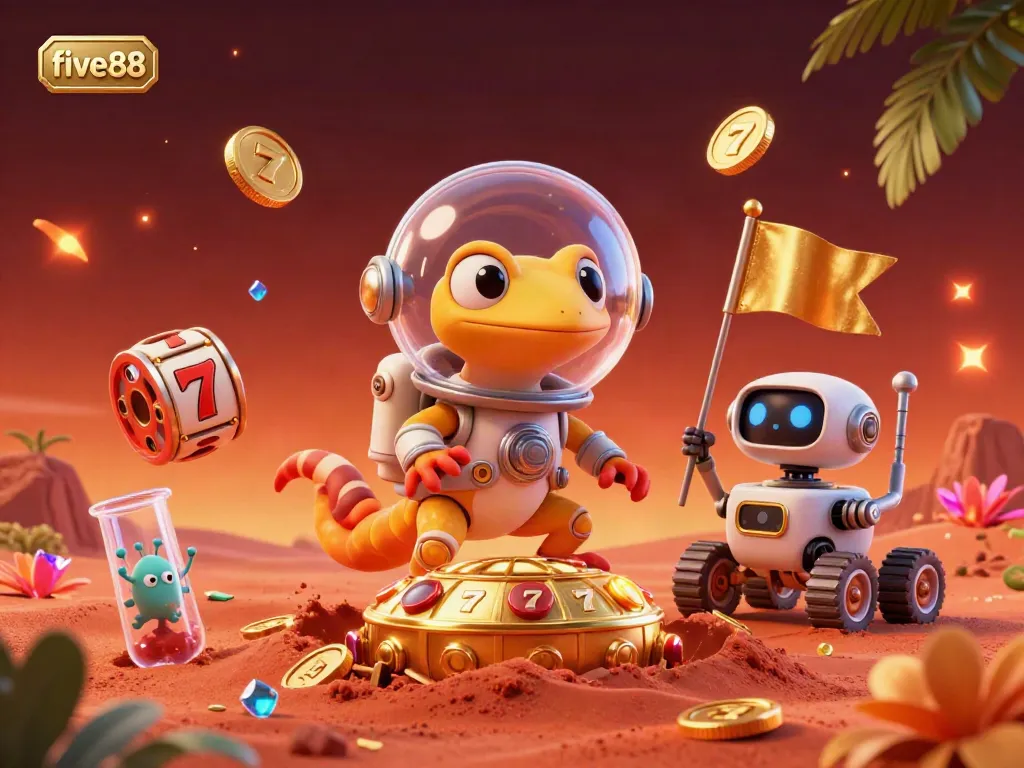 Experience the excitement of five88 as a Martian gecko uncovers a golden casino amidst the red sands of Mars.