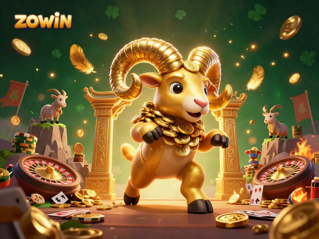 Zowin showcases an exciting live casino scene featuring a golden ram amidst vibrant casino elements and dynamic energy.