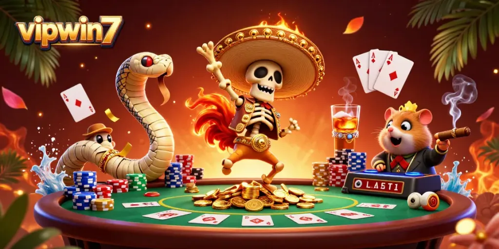 Experience top-tier action at vipwin7 with vibrant casino characters amidst winning poker elements.