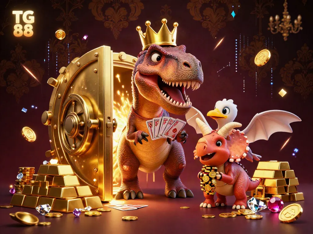 Engage in thrilling casino action with TG 88, featuring a T-Rex dealing cards, a pterodactyl assistant, and a triceratops stacking chips.