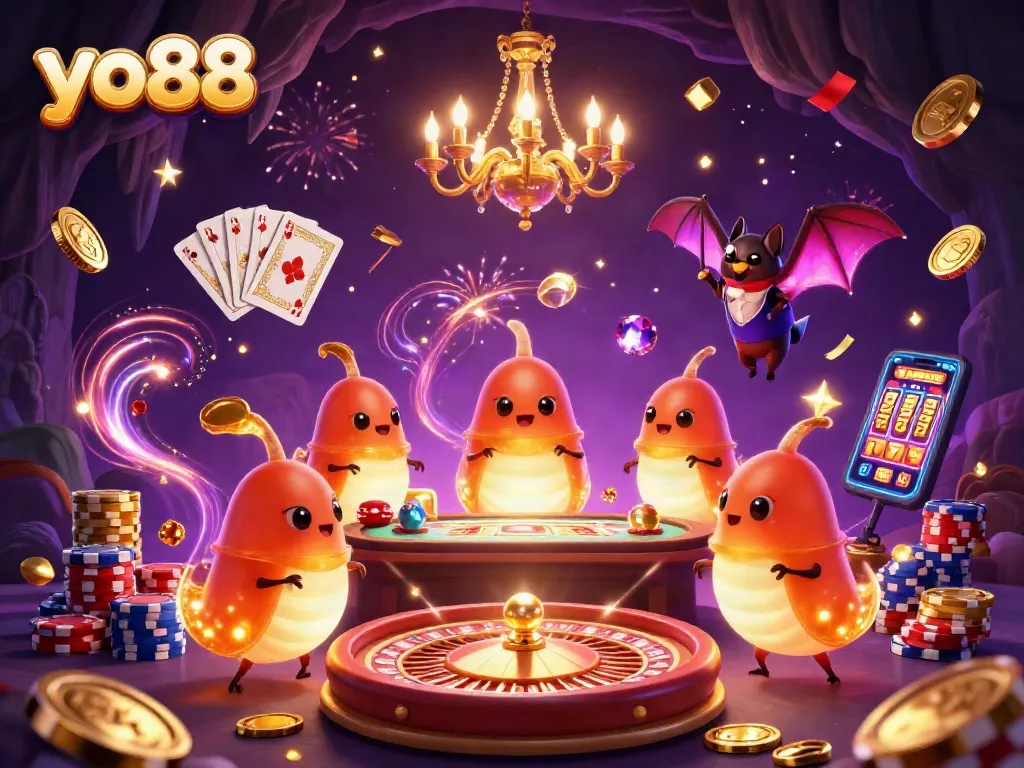 Experience winning thrills at yo88's vibrant casino with glowing characters and exciting games.