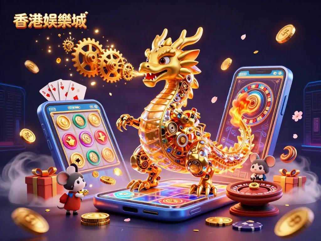 Experience thrilling games at 香港娛樂城 with a golden dragon and vibrant casino elements in a dynamic scene.