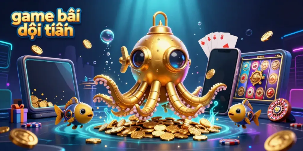 Win big with game bài đổi thưởng illustrated vividly through a kraken submarine emerging from coins and gaming elements.