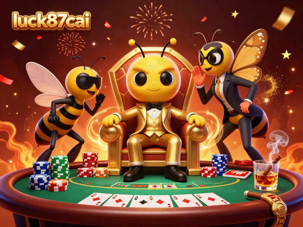 Engage in poker at luck87cai with a rich 3D scene featuring a bumblebee mob boss, poker elements, and vibrant decor.