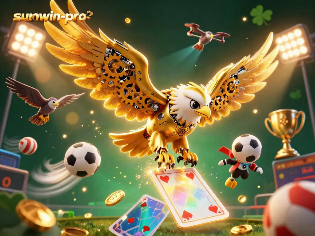 Experience thrilling gameplay at sunwin-pro with a cybernetic eagle soaring through holographic playing cards.