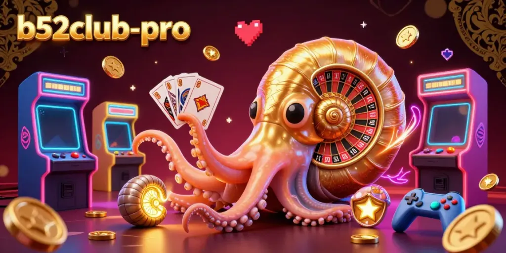 Engage with the vibrant world of b52club-pro through a captivating 3D casino illustration featuring a giant nautilus roulette wheel.