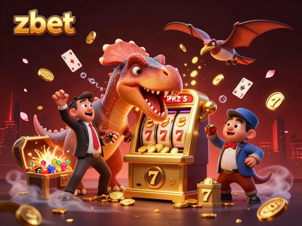 Zbet's epic jackpot scene featuring a pachycephalosaurus, a panicked ankylosaur, and a pteranodon in a vibrant casino.