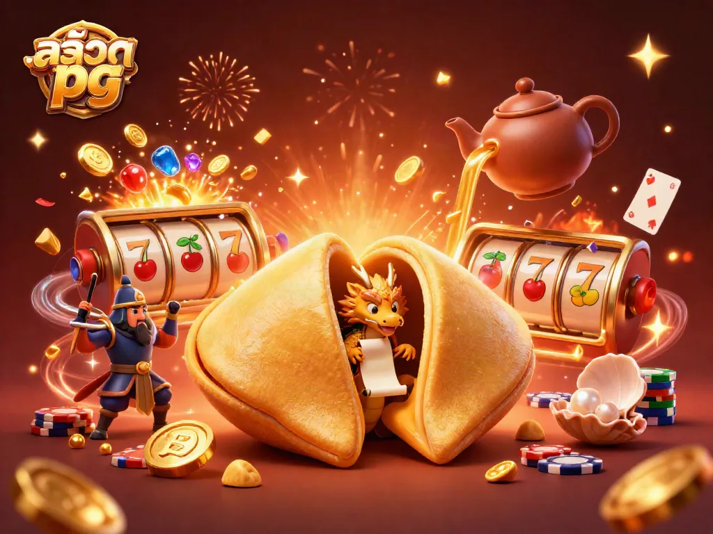 Spin the reels of สล็อต pg as a golden fortune cookie reveals hidden treasures in an animated casino world.