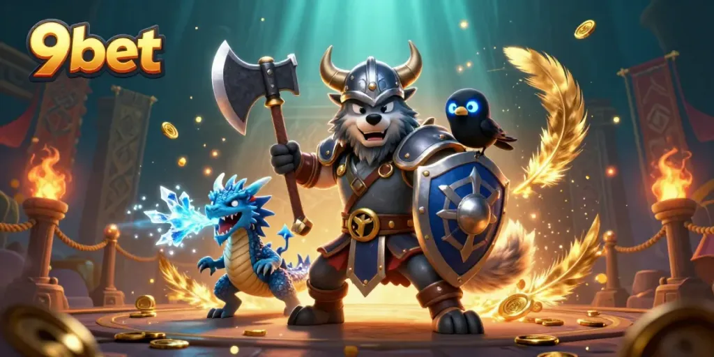 Engaging 9bet scene highlighting a Viking wolf warrior and dragon amidst a dynamic casino arena.