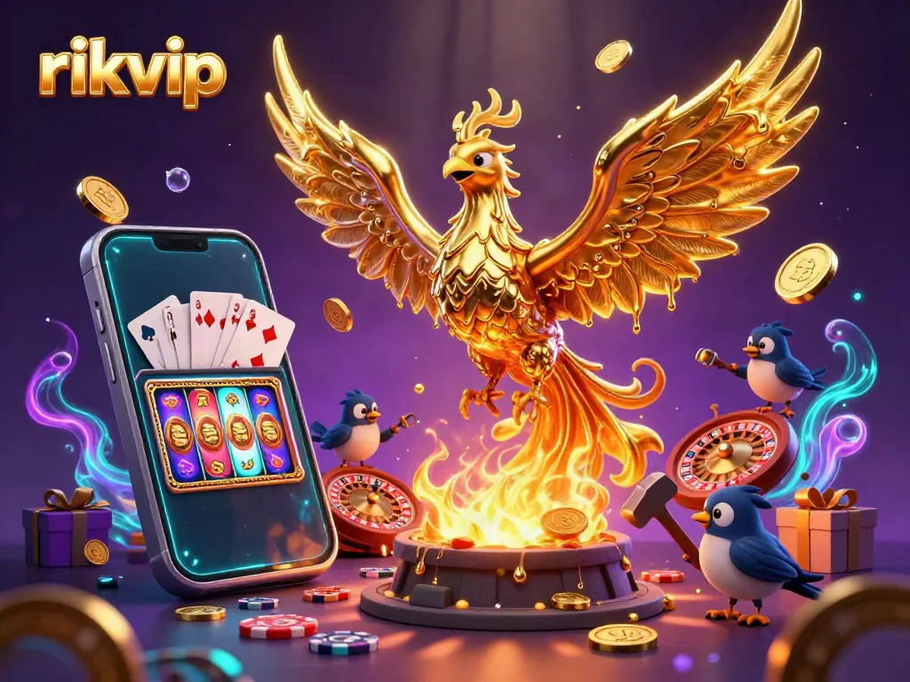 Experience the enchantment of rikvip as the golden phoenix emerges, surrounded by vibrant casino elements.