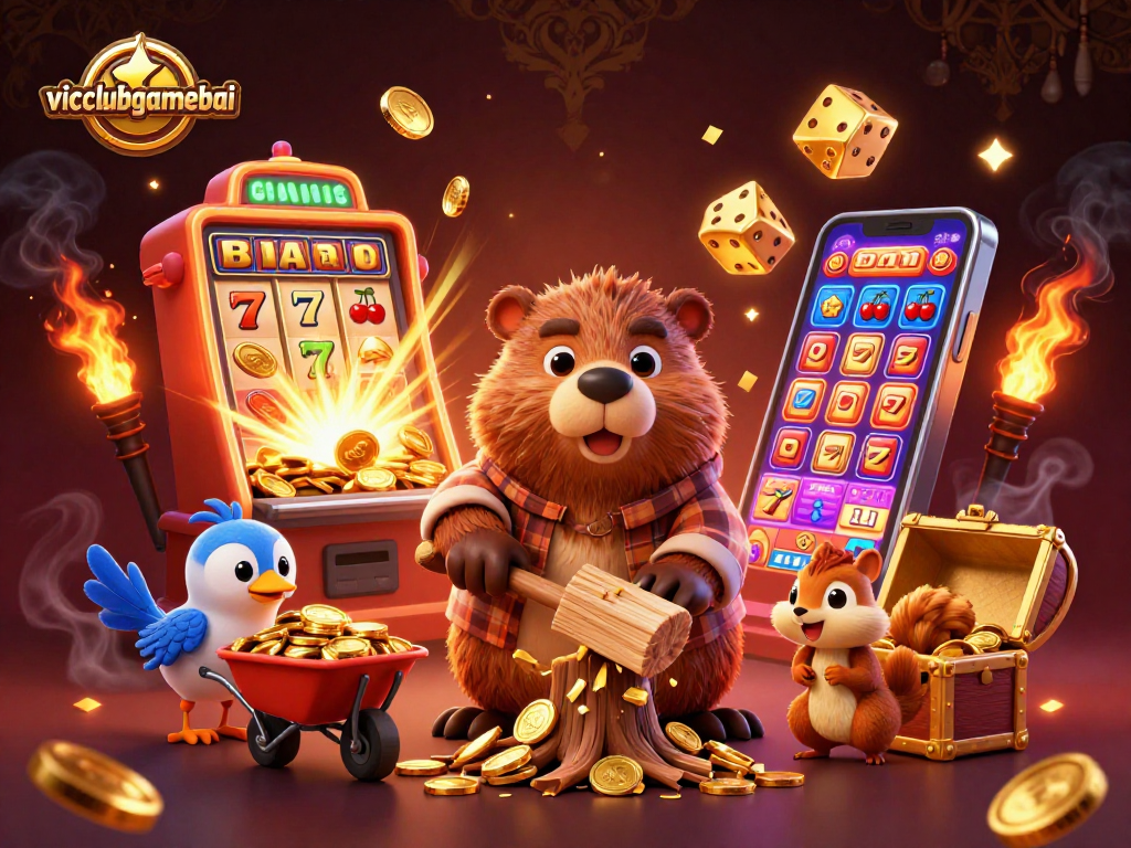 Experience winnings at vicclubgamebai with a vibrant casino illustration full of gaming action.