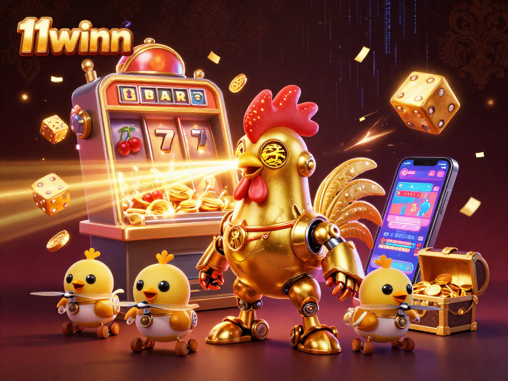 11winn showcases a dynamic 3D casino scene with a golden rooster robot and slot machine excitement.