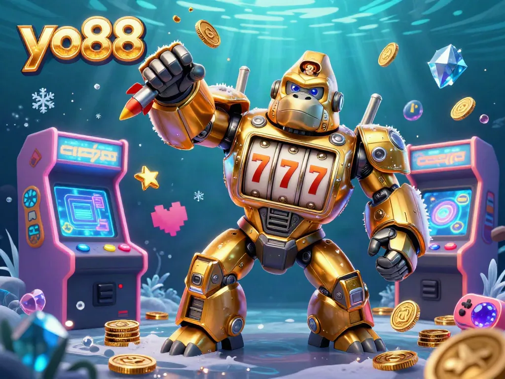 Engage with the exhilarating yo88 gaming experience featuring a golden gorilla mech and arcade elements.