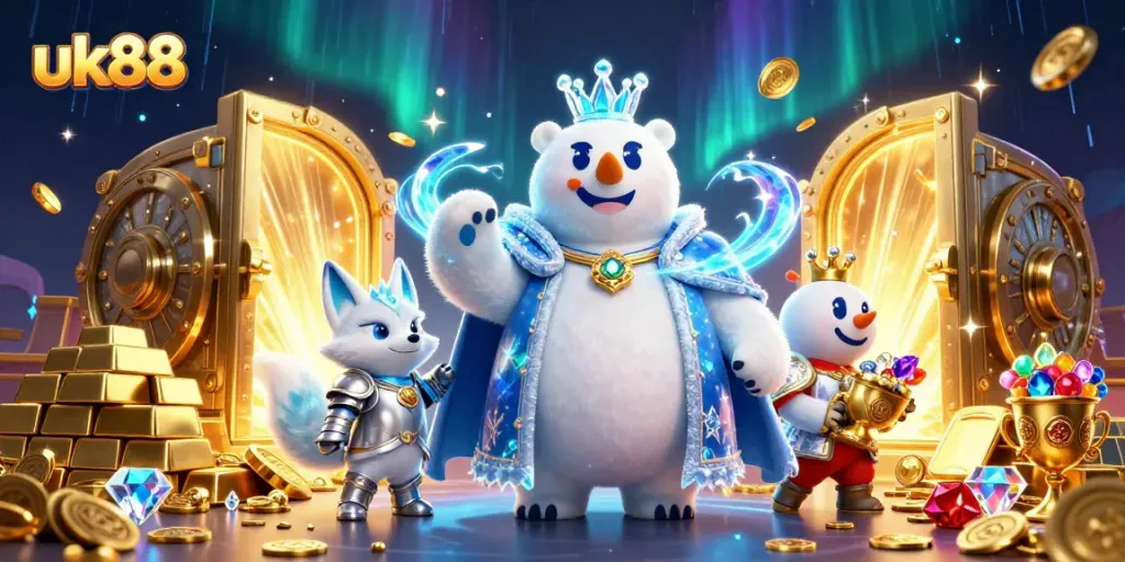 uk88 reveals a rich gambling world with cartoon characters, treasure, and glowing games.