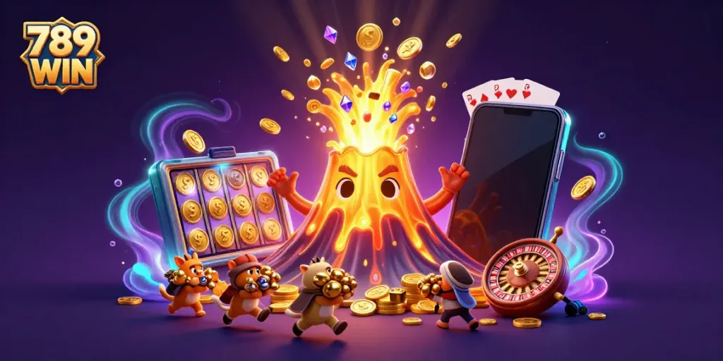 Engage with 789 WIN's exciting gaming universe featuring a golden volcano, coins erupting, and casino game elements.