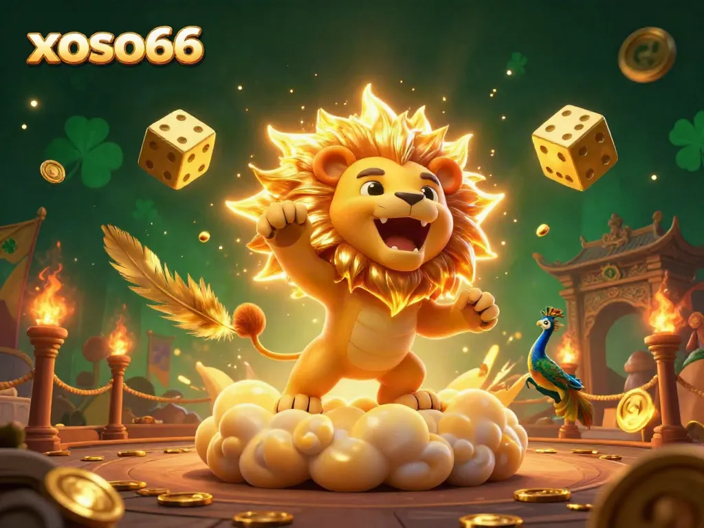 Experience the excitement of xoso66 with a roaring sun lion, golden dice, and casino elements