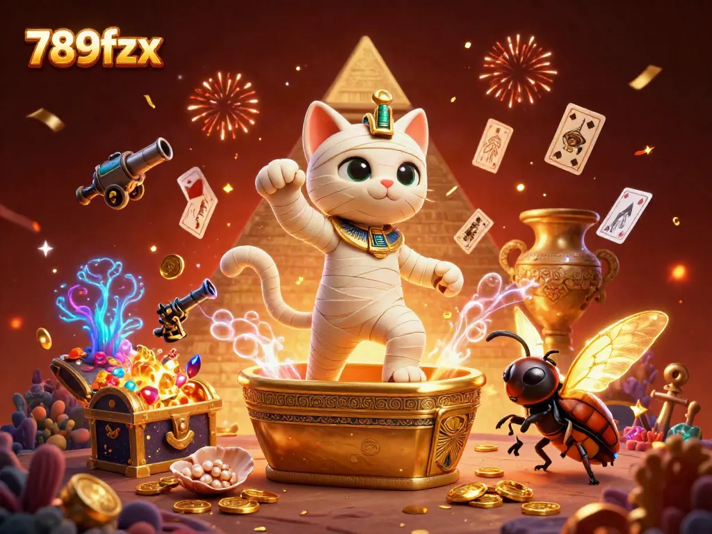 Join the adventure at 789fzx with a 3D mummy cat in a vibrant casino scene bursting with action!
