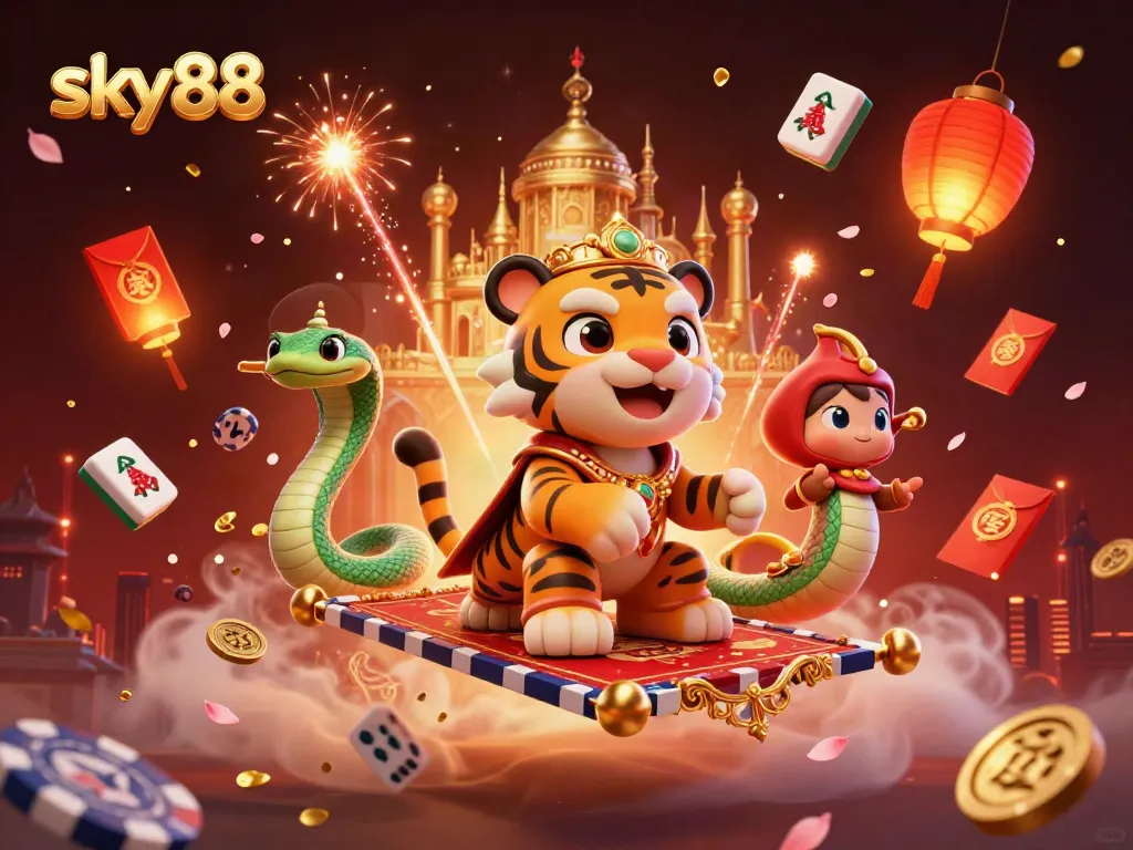 Experience the enchanting world of sky88 through a vibrant Arabian-themed casino adventure illustration.