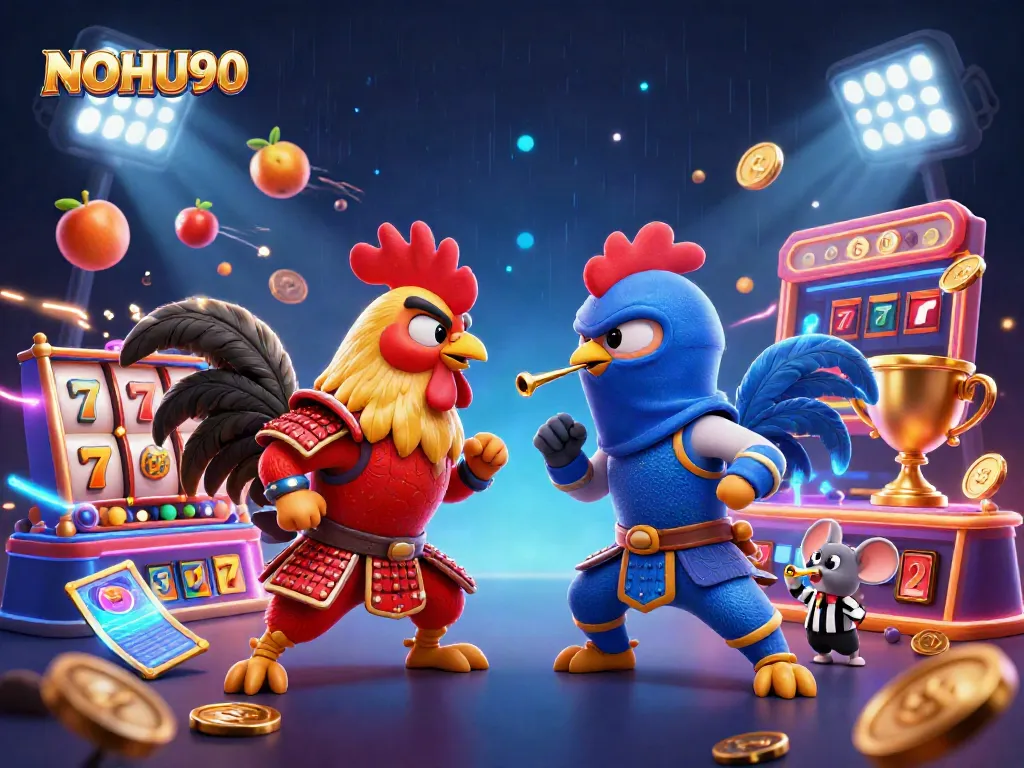 Experience the thrill of NOHU90 with dynamic slot reels and a heroic rooster showdown.