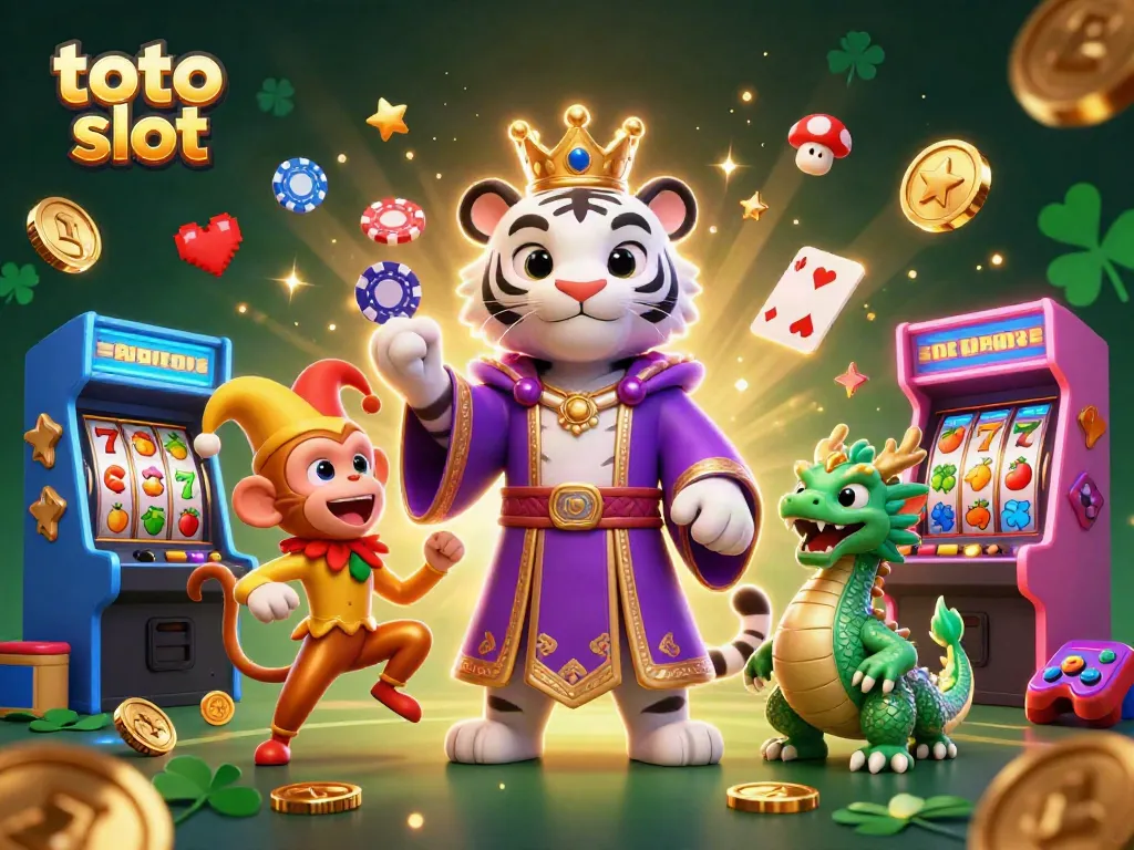 Play the exciting toto slot with a majestic tiger and jester monkey in a vibrant casino scene.