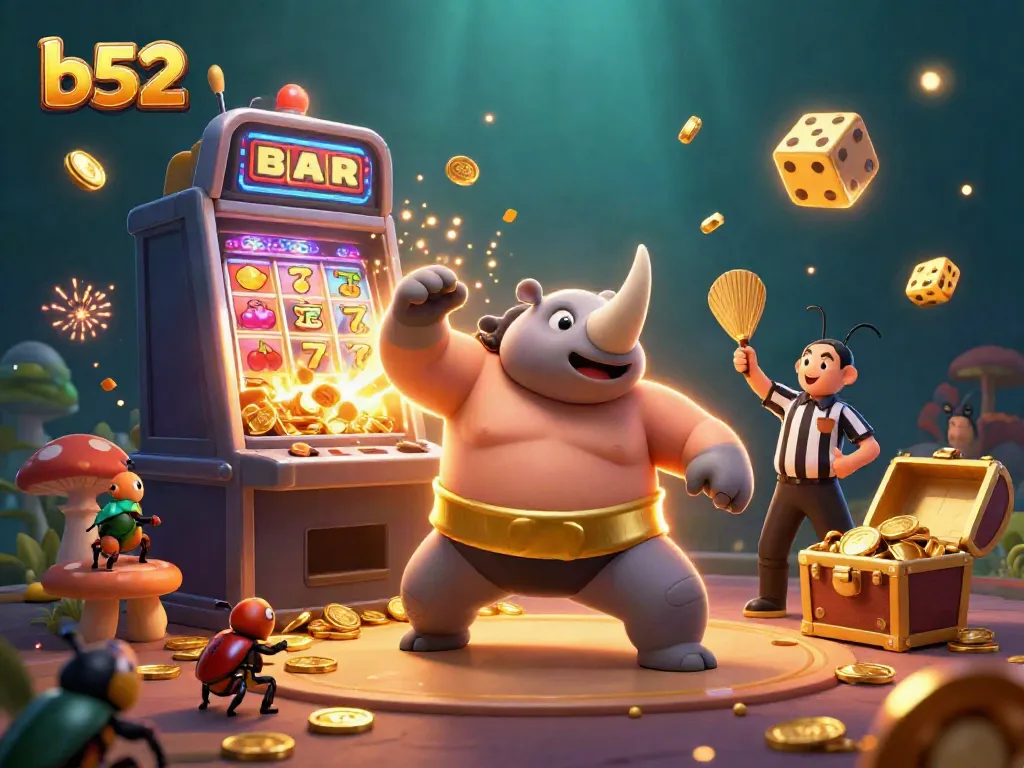 Experience the thrill of b52 with a sumo beetle champion stomping gold coins amidst a vibrant casino scene.