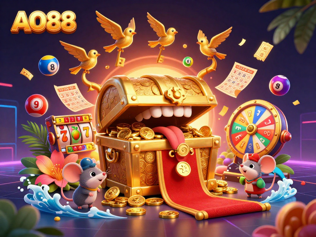 Engage with the dynamic AO88 casino scene featuring a golden treasure chest and a vibrant atmosphere of games.