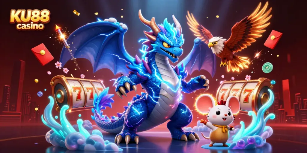 Play thrilling slots at KU88 casino with an electrifying scene featuring fantasy characters and immersive game elements.