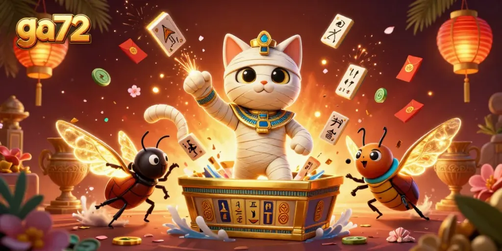 Join the thrill of ga72 as the Egyptian mummy cat bursts from a golden sarcophagus!