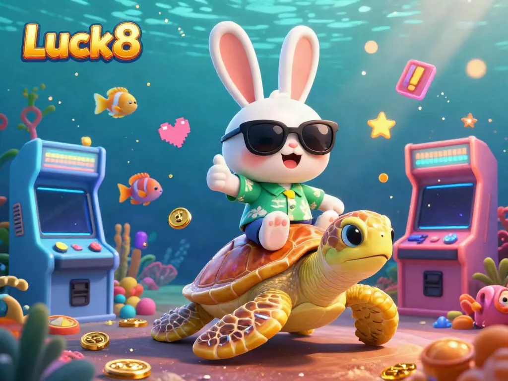 Experience thrilling gaming action with Luck8's vibrant underwater scene featuring a lucky rabbit and golden turtle.