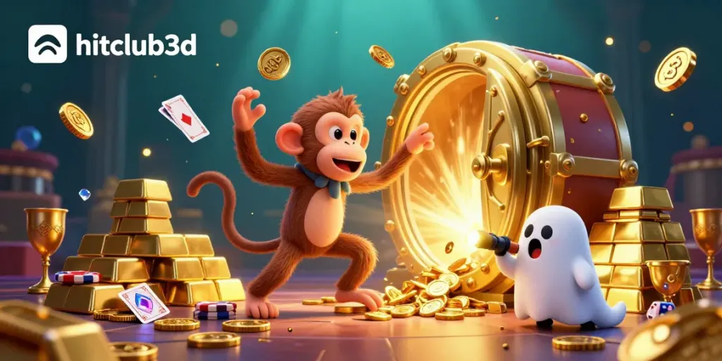 Engage with the excitement of hitclub3d as a mischievous monkey juggles golden coins in a vibrant casino scene.