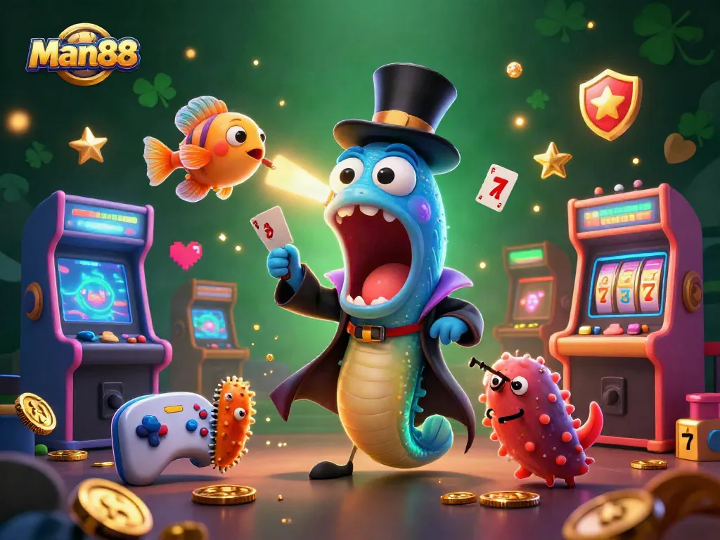 Play exciting games at man88 with a magician-themed, vibrant underwater casino illustration.